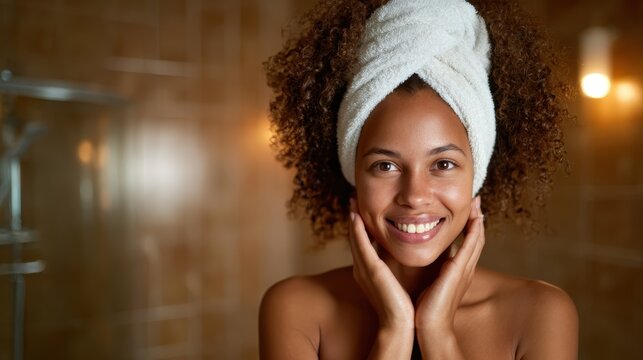 A glowing woman with a towel on her head, smiling radiantly after a relaxing spa treatment, embodying themes of wellness, beauty, and self-care.
