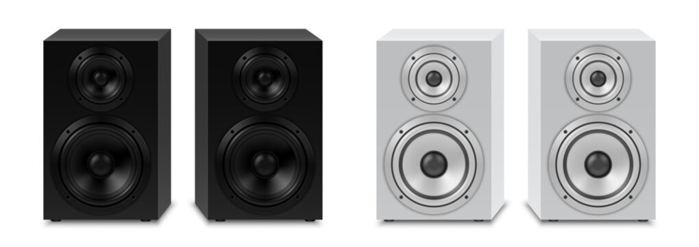 Vector icons of black and white audio speakers related to music and entertainment industry, sound equipment. Realistic illustration isolated on white background