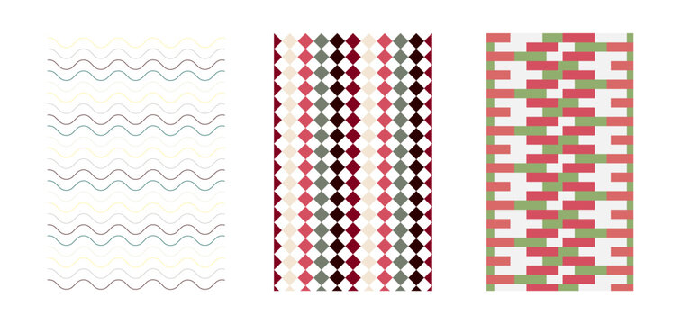 Set of three seamless patterns with wavy lines, diamond shapes, and geometric brick textures