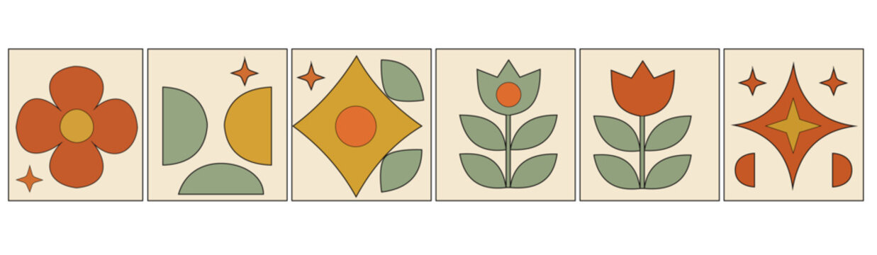 Midcentury modern aesthetic art set with retro floral and geometric shapes in muted earth tones