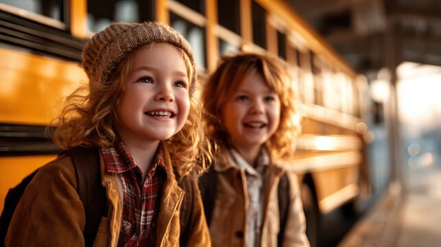 Two cheerful children sit together at a school bus stop, embodying joy, friendship, and the excitement of starting a new school day in a vibrant morning setting.