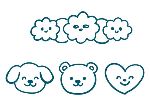 Cute handdrawn doodle set with smiling clouds, puppy, bear, and heart icons