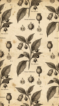 Aged paper pattern displays engraved botanical illustrations of Atropa belladonna plants with leaves, berries and seed capsules. Latin labels and plate markings appear between repeated