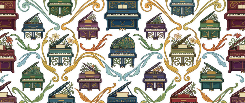 Colorful grand piano and flourish seamless pattern background.
