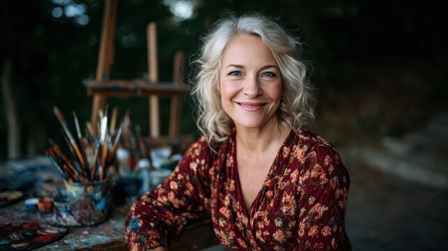 This vibrant portrait captures a joyful female painter in a floral dress, showcasing her creativity with painting tools in a serene outdoor environment filled with inspiration.