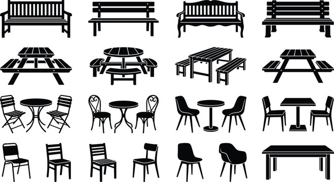 Collection of black silhouettes featuring outdoor park benches, picnic tables, garden chairs, and patio furniture