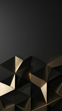 A dark geometric wall of triangular panels rises from the bottom of a black background. Some triangles have a brushed gold metallic finish among matte black shapes. Luxury abstract texture