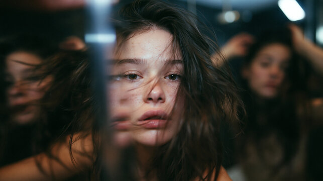 Depressed Young Woman Reflected in Fragmented Mirror