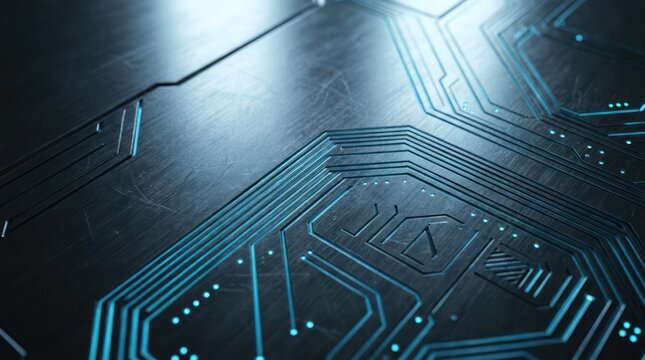Blue glowing circuit board pattern on dark surface.