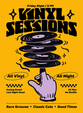 Retro music party poster with stacked vinyl records and hand