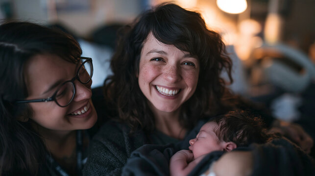 Happy Lesbian Couple Holding Their Newborn Baby