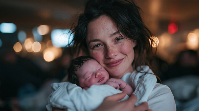 Happy Young Mother Holding Her Sleeping Newborn Baby