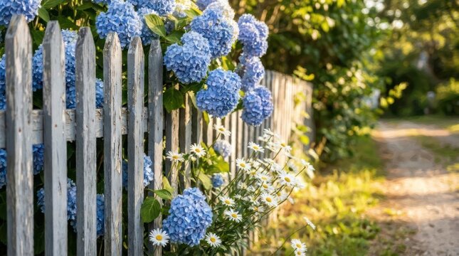 Blue hydrangeas behind rustic white picket fence.