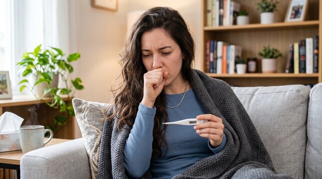 A sick woman wrapped in a blanket on a couch, coughing and holding a thermometer, indicating illness and discomfort.