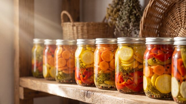 Preserved Autumn Vegetables in Glass Jars on Rustic Shelf for Food Blog Banner