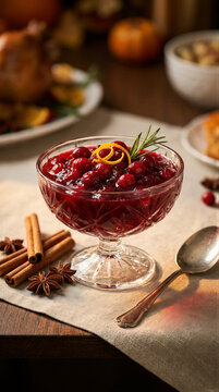 A glass bowl of cranberry sauce stands on a linen cloth beside cinnamon sticks and a spoon. Orange peel curls and a rosemary sprig garnish the glossy red berries. Thanksgiving dinner