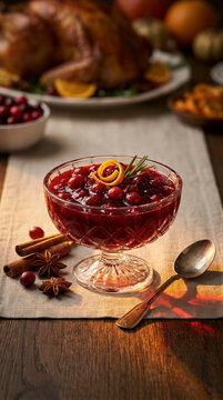 A crystal glass bowl holds cranberry sauce garnished with orange peel and rosemary on a rustic table. Cinnamon sticks and star anise rest beside a silver spoon on a linen runner