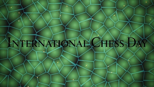 Geometric abstract green background with International Chess Day text