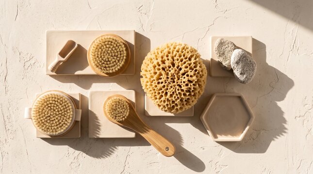 Eco friendly spa accessories and wooden bath brushes on textured stone