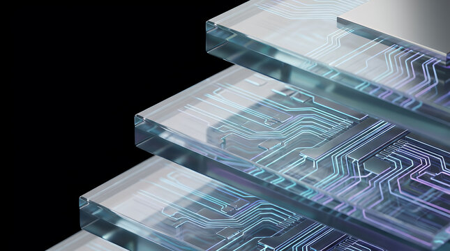 Layered transparent glass panels exhibit glowing integrated circuit patterns, suggesting digital data flow and advanced technological infrastructure.