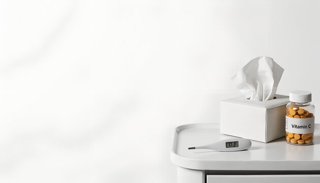 Digital thermometer showing 37.2, tissue box and vitamin C jar on white tray in bedroom, large empty copy space, cold and flu concept