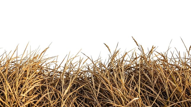 Dry brown grass blades with seed heads on white background