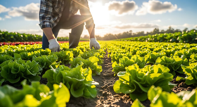 Farmer working in a lush green lettuce field during a beautiful sunny day