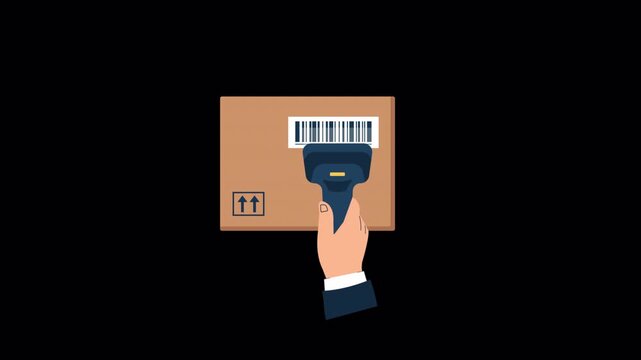 Animated Hand Scanning Barcode on Cardboard Shipping Box - Transparent
