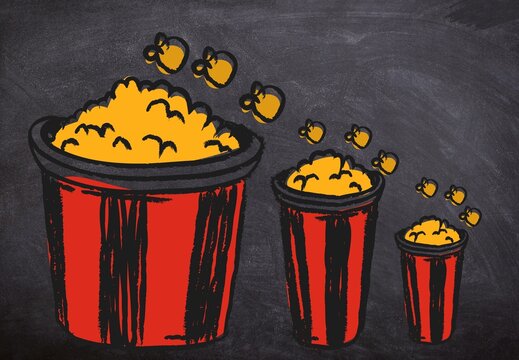 Hand Drawn Popcorn Buckets with Flying Popcorn on Chalkboard Background, Movie Theater Snack Illustration