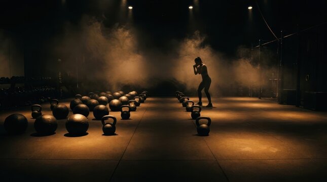 Boxer silhouette in misty dark gym with kettlebells.