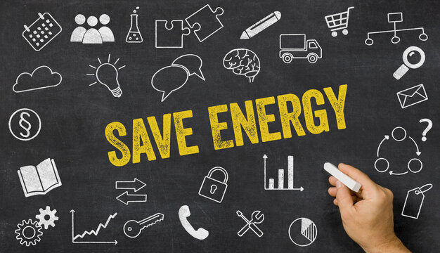 Save Energy written on a blackboard with icons