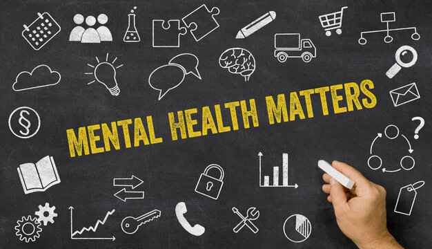 Mental Health Matters written on a blackboard with icons
