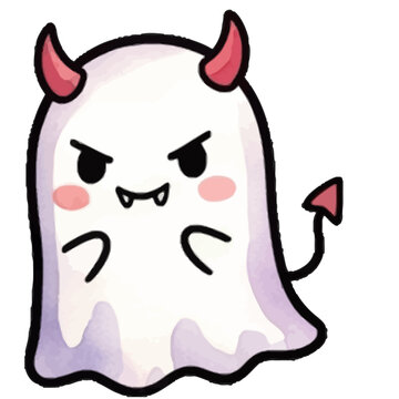 Cute Watercolor Cartoon Ghost with Devil Horns and Tail Illustration for Halloween Decor