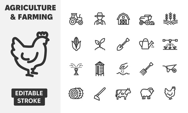 Agriculture and farming line icons set. Vector illustration featuring linear icons of farmer, tractor, livestock, barn, crops, equipment, and irrigation. Editable stroke.