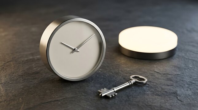A clock and a key on a textured surface representing the concept of 24 7 365 availability and constant business access