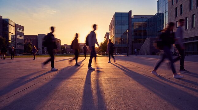 Blurred Silhouettes of Students Walking on University Campus Pathway at Sunset for Education Banner