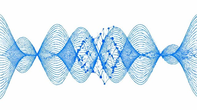 Blue digital frequency waves oscillating in rhythmic motion animation showing complex network connections on a bright white background video clip