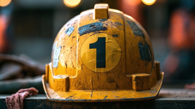 A yellow hard hat with the number one sits on a table at a construction site filled with busy workers and tools in the background.