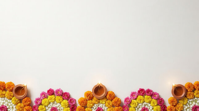Traditional Diwali decorative border with glowing diyas surrounded by colorful marigold flowers and intricate rangoli patterns, positioned along the bottom of a clean light background with copy space