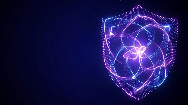 Abstract 3D Glowing Shield Formation of Purple and Blue Particles Representing Digital Security