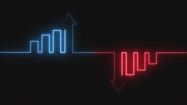 Dynamic blue and red arrow animation showing rising and falling trends with arrows indicating rising quality and falling cost ideal for business, finance, statistics, and data visualization, 4K video 