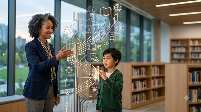 Teacher and student interacting with a holographic display of educational icons in a library learning