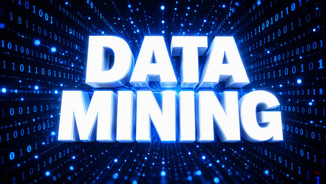 Large 3D text data mining with glowing binary code background