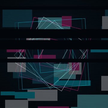 Cyan and magenta on black video feedback echo animation, abstract glitch motion background with no text, square 1:1