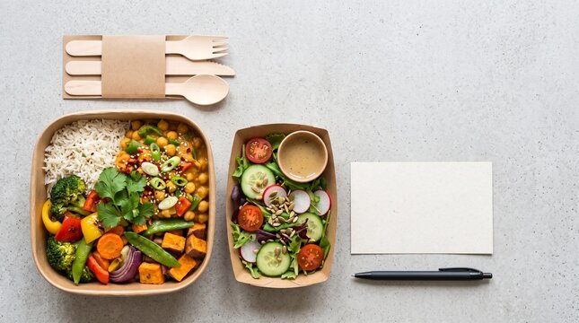 Unbranded takeaway meal in compostable packaging