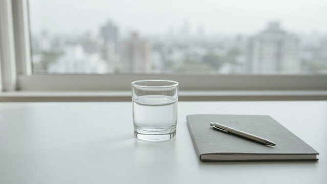 Glass of refreshing water beside a closed notebook and metallic pen on a bright windowsill with office desk blurred background daily planning still life minimalist office