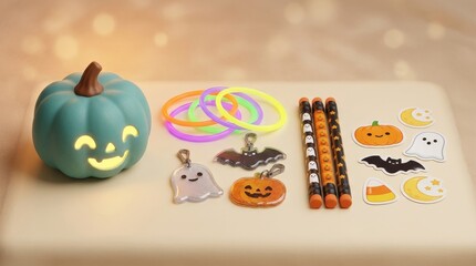 Fototapeta premium Halloween Food Allergy Safety and Non Food Treat Alternatives, Cheerful Halloween decorations with a smiling pumpkin and colorful accessories.