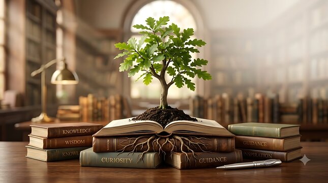 Tree of knowledge growing from an open book in a library setting growth wisdom