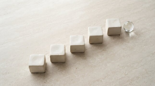 Adkar model conceptual blocks arranged in a progression path with a glass sphere on a marble background for change