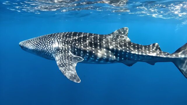 A solitary whale shark (Rhincodon typus) slowly gliding through clear vivid blue open ocean near the surface